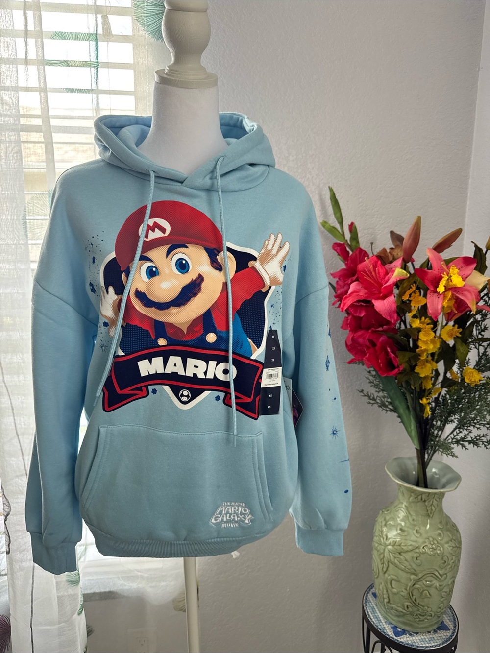 🎮 Nintendo Super Mario Galaxy Movie Embroidered Rhinestone Hoodie Blue NWT XS 🎮